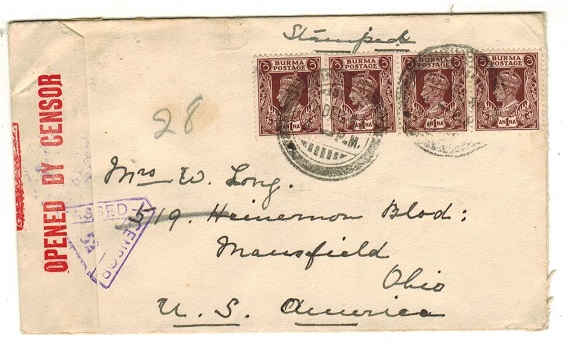BURMA - 1941 4a rate censor cover to USA used at INSEIN.