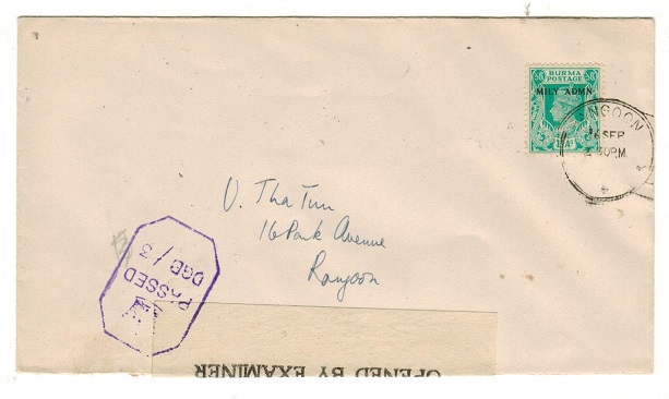 BURMA - 1945 1a rate local censor cover used at RANGOON.