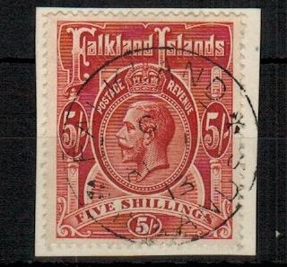 FALKLAND ISLANDS - 1912-20 5/- deep rose red tied to piece by FALKLAND ISLANDS cds. SG 67.

