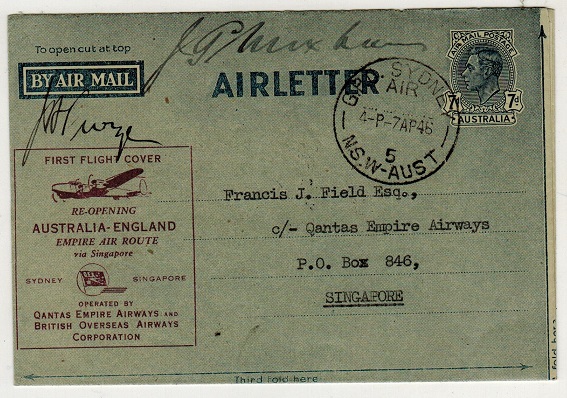 AUSTRALIA - 1946 7d blue air letter used on the Qantas first flight to Singapore. Pilot signed.