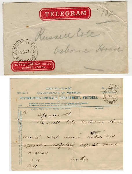 AUSTRALIA - 1912 TELEGRAM and telegram form used at BENDIGO.