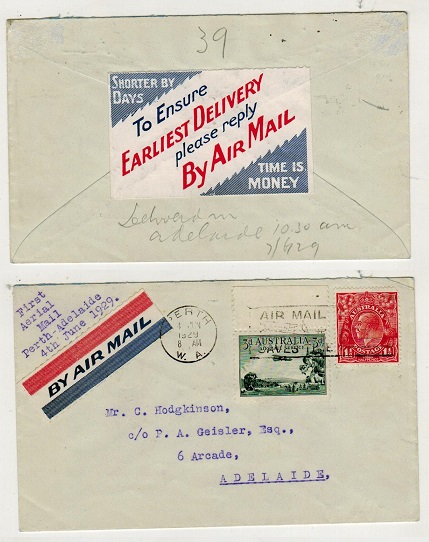 AUSTRALIA - 1929 first flight cover to Adelaide with EARLIEST DELIVERY label on reverse.