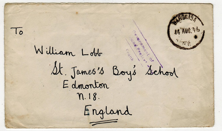 SOMALILAND - 1946 stampless cover to UK used at HARGEISA with violet 