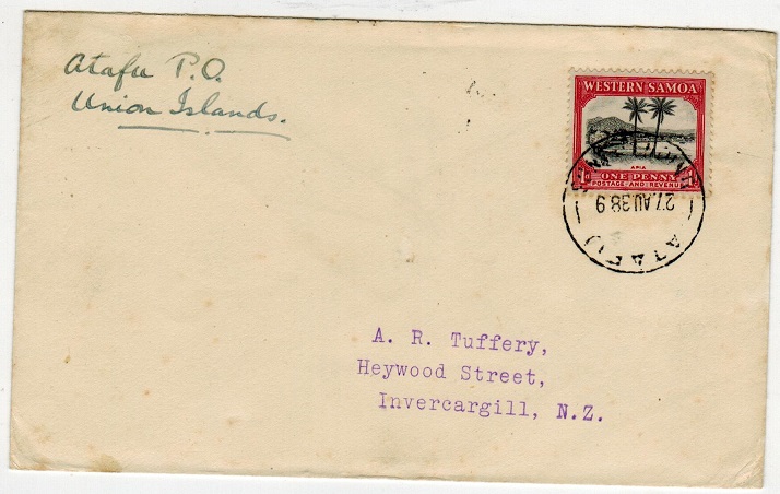 TOKELAU - 1938 1d rate cover to New Zealand used at ATAFU.