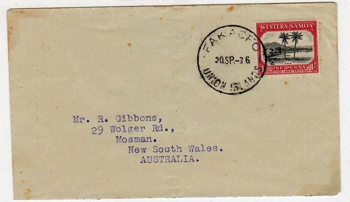 TOKELAU - 1936 1d rate cover to Australia used at FAKAOFA.
