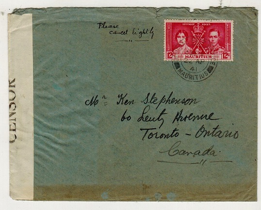 MAURITIUS - 1941 12c rate censored cover to Canada used at GPO/MAURITIUS.