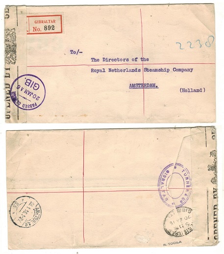 GIBRALTAR - 1916 registered censor cover to Amsterdam (truncated at right).