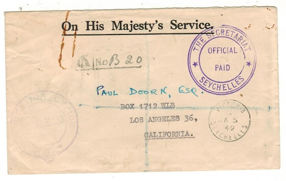 SEYCHELLES - 1949 OFFICIAL PAID 