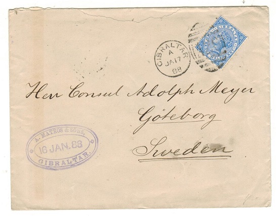 GIBRALTAR - 1888 2 1/2d rate cover to Sweden.