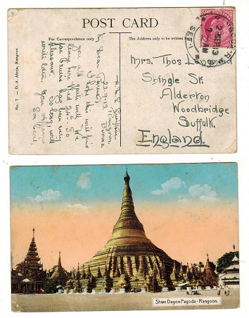 BURMA - 1912 1a rate postcard use to UK cancelled by 