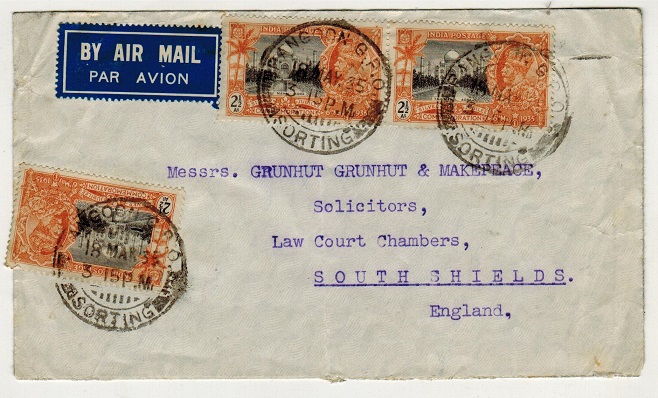 BURMA - 1935 7 1/2a rate (Indian Silver Jubilee)
adhesive cover to UK used at RANGOON.
