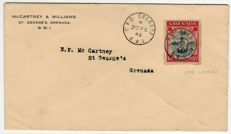 GRENADA - 1946 10/- on local cover used at GPO GRENADA.