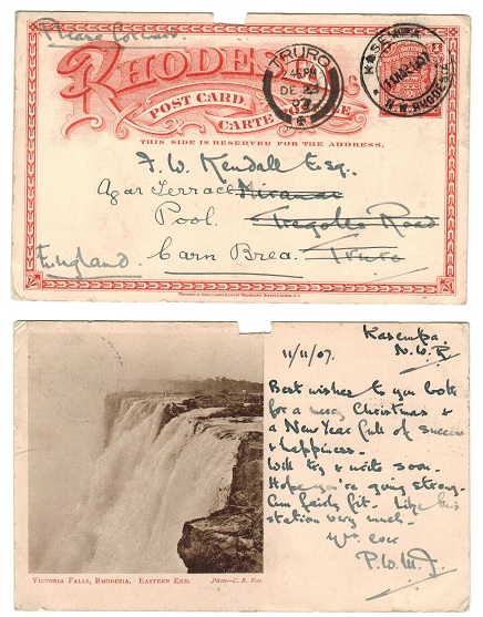 RHODESIA - 1899 1d brick red illustrated PSC to UK used at KASEMPA.  H&G 11a.