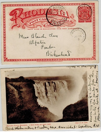 RHODESIA - 1899 1d brick red illustrated PSC to UK used at WANKIES. H&G 11a.