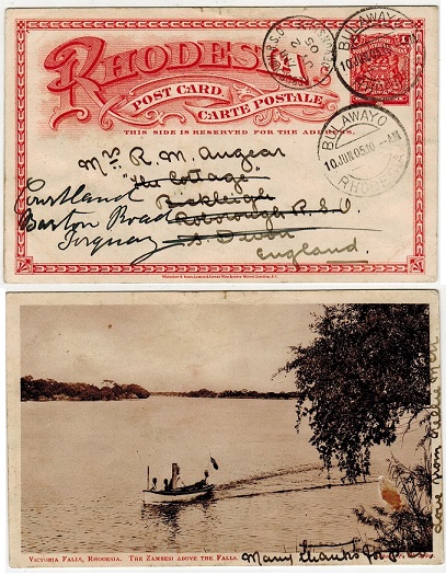RHODESIA - 1899 1d brick red illustrated PSC to UK used at BULAWAYO.  H&G 11a.