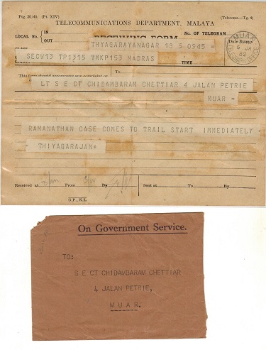 MALAYA - 1962 TELEGRAM and original envelope used at MUAR.