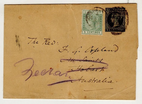 GIBRALTAR - 1889 5c green uprated postal stationery wrapper to Tasmania.  H&G 6.