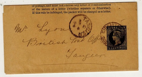 GIBRALTAR - 1889 5c green postal stationery wrapper to Tangier used at SOUTH DISTRICT.  H&G 6.