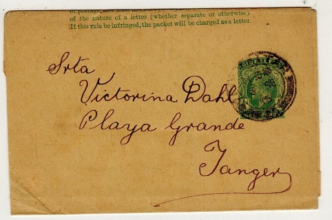 GIBRALTAR - 1912 1/2d green postal stationery wrapper used to Tangier.  H&G 12.