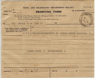 SINGAPORE - 1937 use of TELEGRAM form.