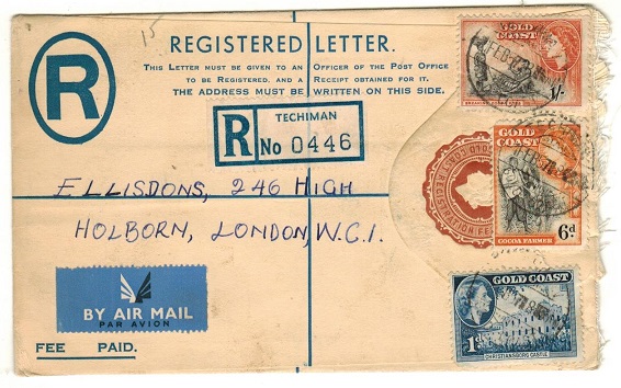 GOLD COAST - 1953 4d brown RPSE uprated to UK used at TECHIMAN.  H&G 13.