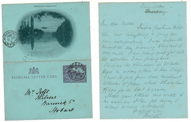 TASMANIA - 1900 2d violet illustrated letter card used at LAUNCESTON. H&G 2(6).