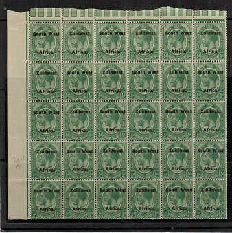 SOUTH WEST AFRICA - 1925 1/2d green U/M block of 30 with SMALL A variety.  SG 29.