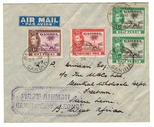 GAMBIA - 1938 first flight cover to Sierra Leone.