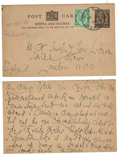 K.U.T. - 1930 10c black uprated PSC to UK used at VOI.  H&G 3.