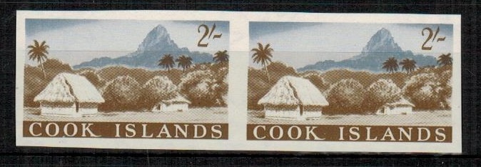 COOK ISLANDS - 1963 2/- IMPERFORATE PLATE PROOF (SG type 53) pair on gummed paper.
