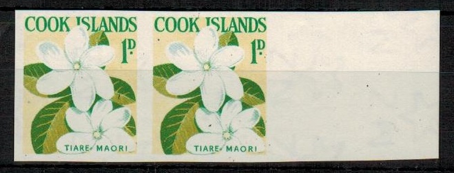 COOK ISLANDS - 1963 1d IMPERFORATE PLATE PROOF (SG type 45) marginal pair on gummed paper.
