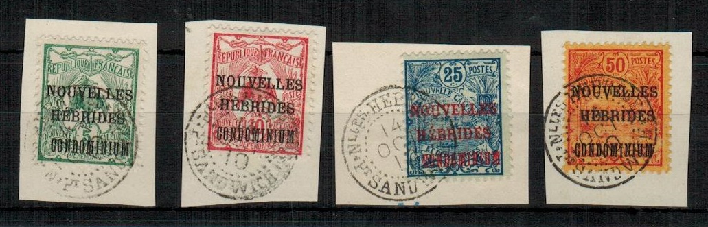 NEW HEBRIDES - 1910 5c,10c, 25c and 50c (SG F6-9) on piece tied NELLES HEBRIDES/PT.SANDWICH.