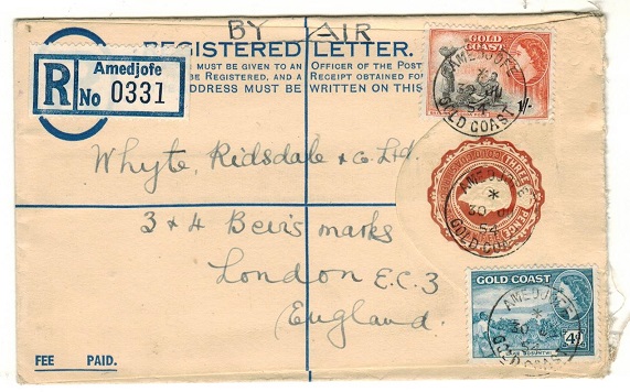 GOLD COAST - 1938 3d brown RPSE uprated to UK used at AMEDJOFE.  H&G 12b.