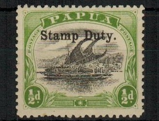 PAPUA - 1907 1/2d black and yellow green mint overprinted STAMP DUTY.  