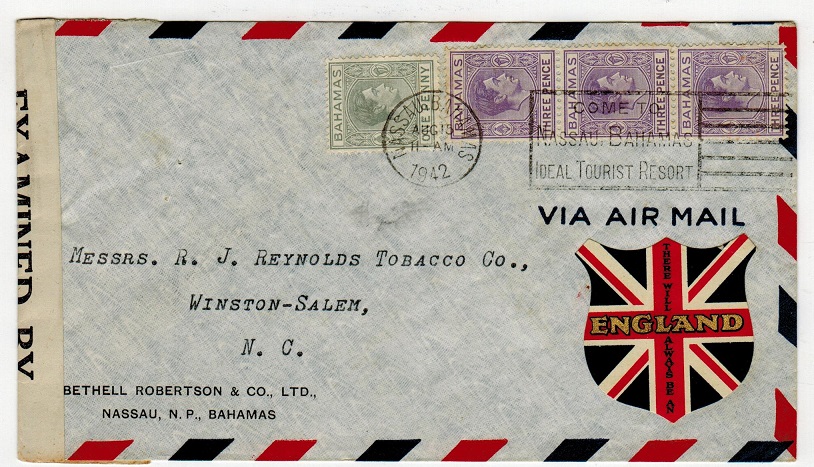 BAHAMAS - 1942 cover to USA with THERE ALWAYS BE AN ENGLAND patriotic label.