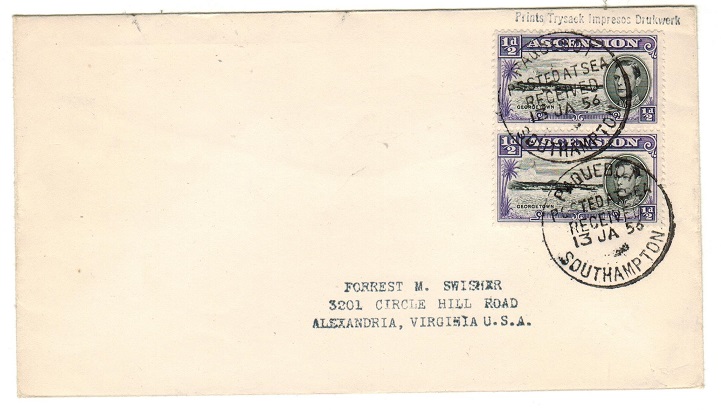ASCENSION - 1956 1d rate cover to USA cancelled PAQUEBOT/SOUTHAMPTON.