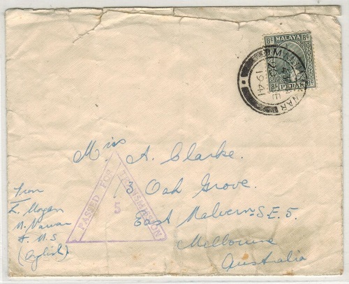 MALAYA - 1941 PASSED FOR TRANSMISSION 5 censor cover to Australia used at MALIM NAWAR.