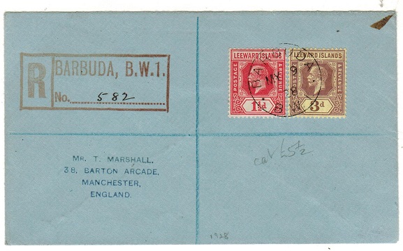 BARBUDA - 1928 4 1/2d rate registered cover to UK with the use of Leeward Island adhesives.