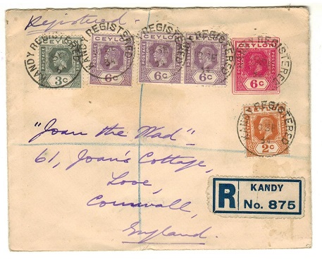 CEYLON - 1915 6c dark rose PSE registered to UK cancelled REGISTERED/KANDY.
