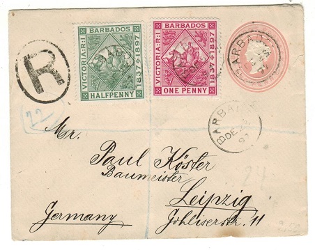 BARBADOS - 1882 1d pink PSE uprated and registered to Germany.  H&G 1a.