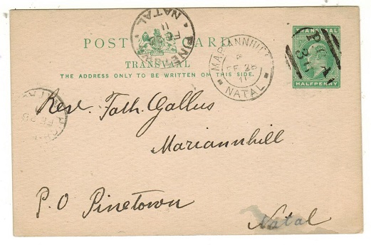NATAL - 1911 use of 1/2d green PSC of Transvaal (H&G 11) tied P.O.A.36