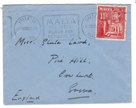 MALTA - 1938 1 1/2d rate cover to UK with 