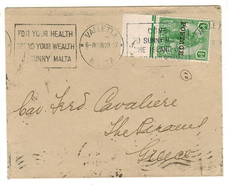 MALTA - 1927 1/2d rate cover to Greece with 