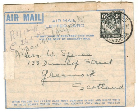 NORTHERN RHODESIA - 1944 6d rate use of FORMULA air letter card to UK used at LIVINGSTONE.