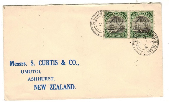 PENRHYN - 1937 1/2d Cook Island pair tied on cover to New Zealand by PENRHYN ISLAND cds.