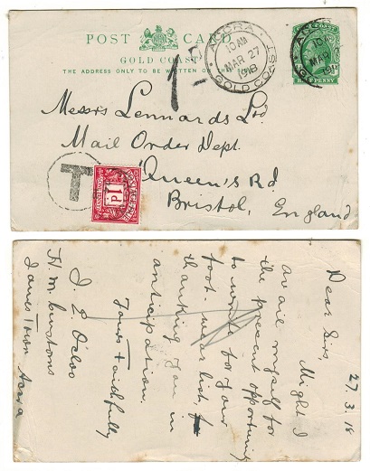 GOLD COAST - 1916 1/2d green PSC underpaid to UK used at ACCRA with 