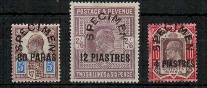 BRITISH LEVANT - 1902 80p on 5d, 4p on 10d and 12p on 2/6d mint SPECIMENS. SG 9s-11s.
