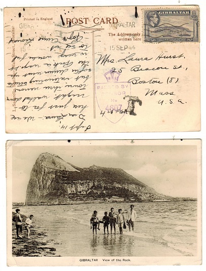 GIBRALTAR - 1944 1 1/2d rate underpaid censored postcard to USA.