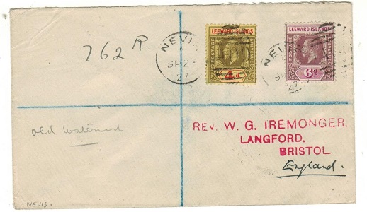 ST.KITTS - 1927 10d rate registered cover to UK used at NEVIS.