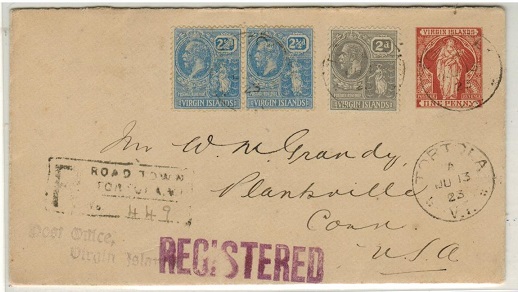 BRITISH VIRGIN ISLANDS - 1901 1d red-brown PSE uprated for registered use to USA at TORTOLA.